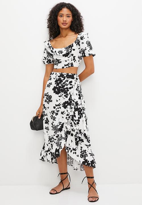 MILLA - Co-ord ruffle wrap skirt - white & black 