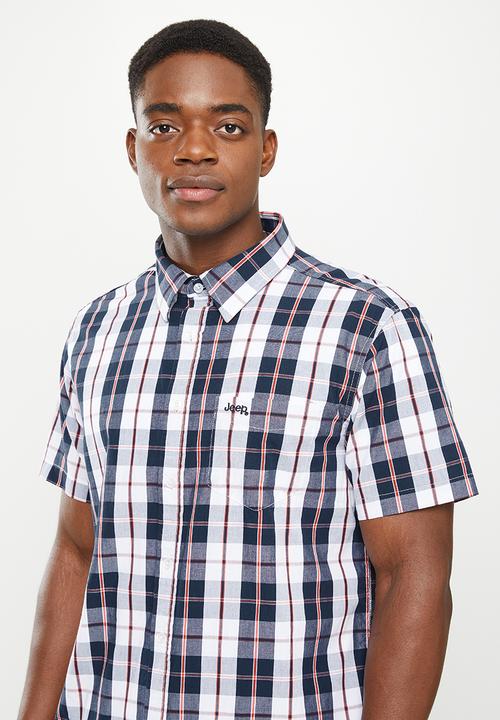 JEEP - Short sleeve yarn dyed check - navy & oxy fire