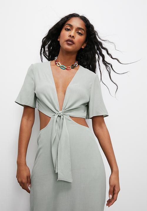 VELVET - Tie front boho maxi with side cut out - light sage