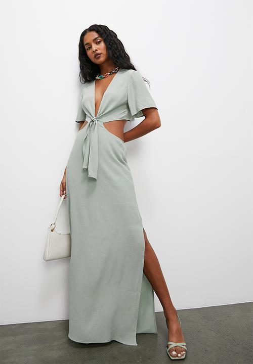 VELVET - Tie front boho maxi with side cut out - light sage