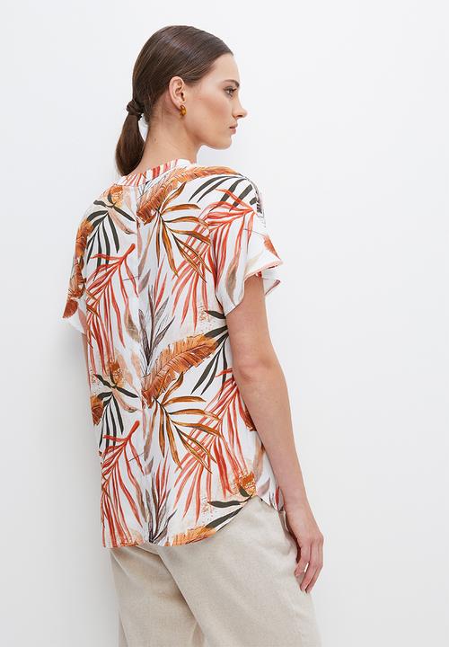 edit - V-neck longline shell - naturals palm leaf
