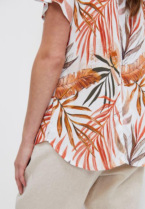 edit - V-neck longline shell - naturals palm leaf