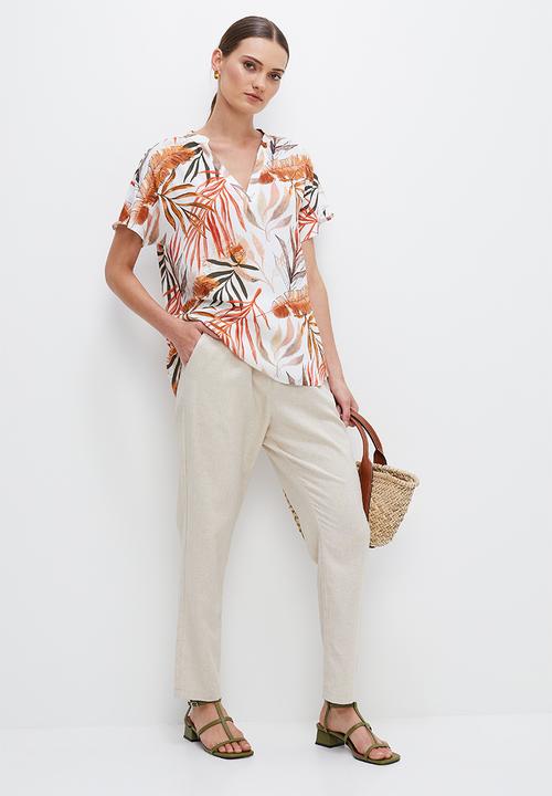 edit - V-neck longline shell - naturals palm leaf