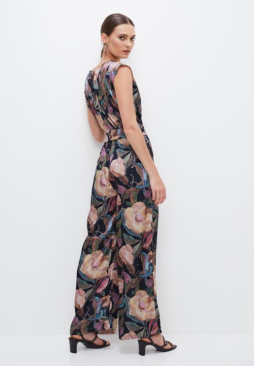 edit - Satin mock wrap belted jumpsuit - ink based botanicals