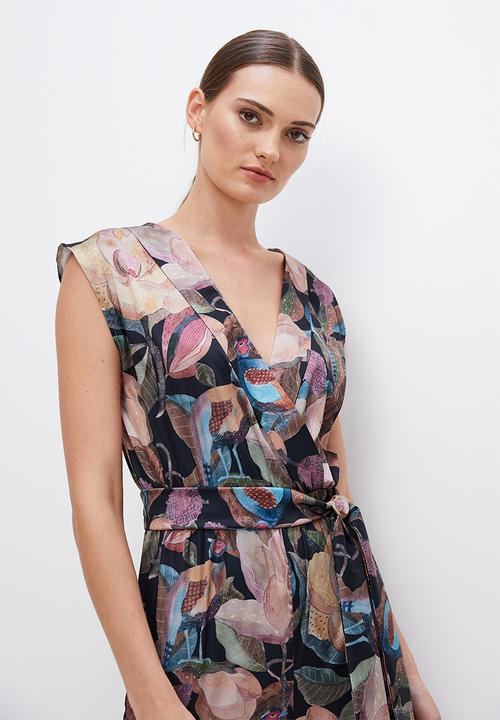 edit - Satin mock wrap belted jumpsuit - ink based botanicals