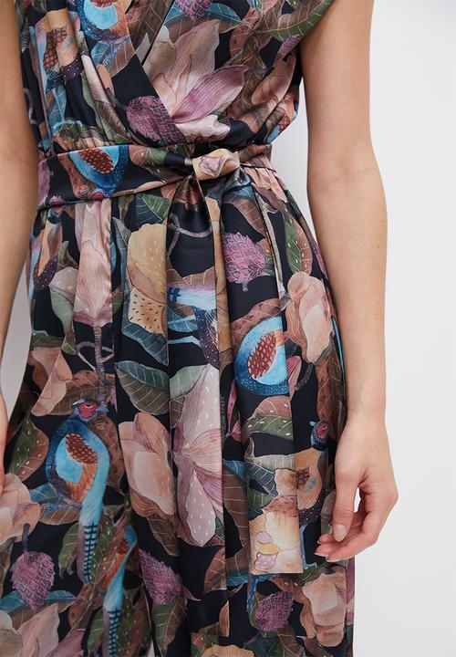 edit - Satin mock wrap belted jumpsuit - ink based botanicals