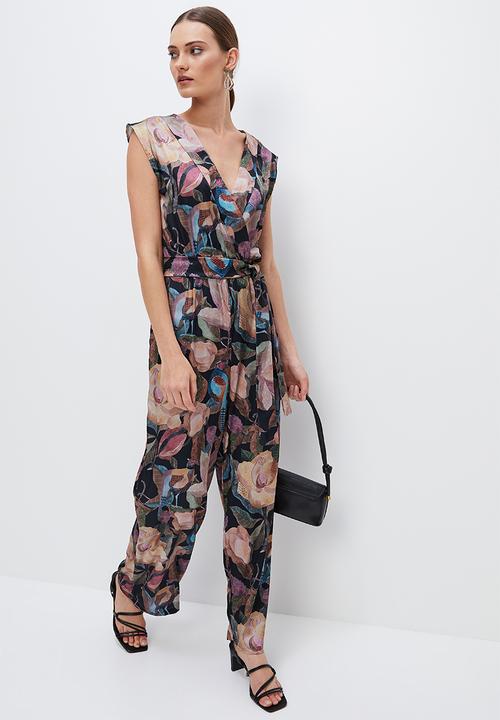 edit - Satin mock wrap belted jumpsuit - ink based botanicals