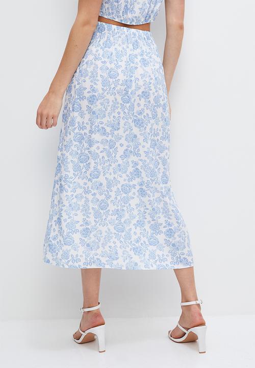 MILLA - Co-ord button detail midi skirt - white & blue 