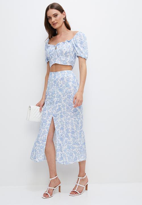 MILLA - Co-ord button detail midi skirt - white & blue 