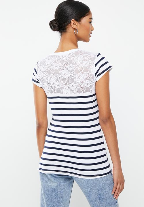 SISSY BOY - Anchored shores: regular fit top with lace back inset - navy & white