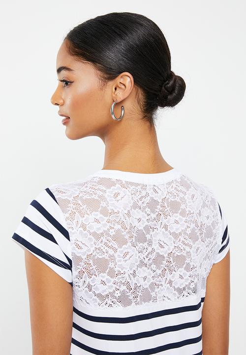 SISSY BOY - Anchored shores: regular fit top with lace back inset - navy & white