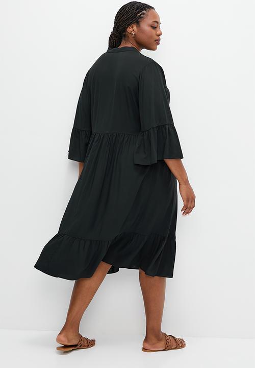 edit Plus - Mandarin collar tiered swing dress - black