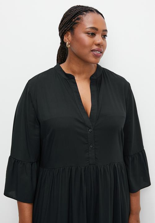 edit Plus - Mandarin collar tiered swing dress - black