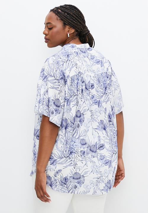 edit Plus - Mandarin bellow sleeve peasant blouse - blue botanical