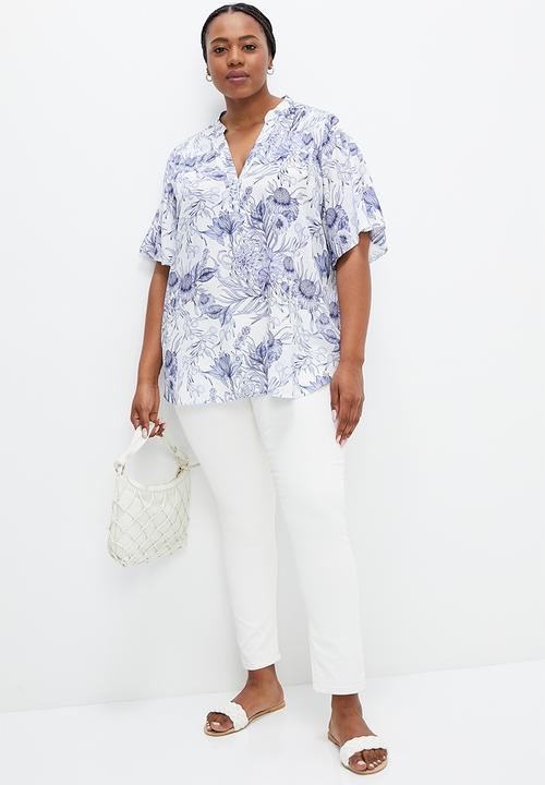 edit Plus - Mandarin bellow sleeve peasant blouse - blue botanical