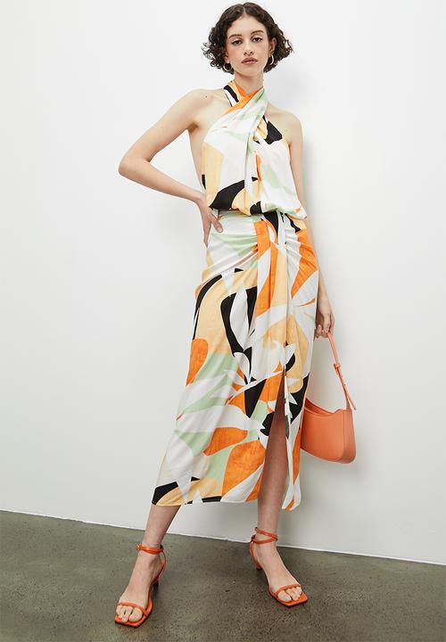 VELVET - Co-ord printed front draped sarong skirt - abstract geo tangerine