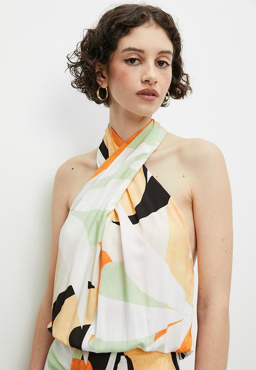 VELVET - Co-ord halter cross over blouse - abstract geo tangerine