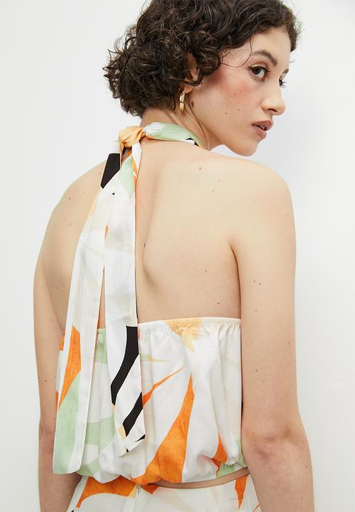 VELVET - Co-ord halter cross over blouse - abstract geo tangerine
