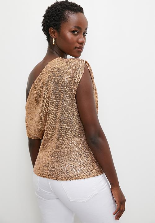VELVET - Draped asymmetric sequince top - bronze