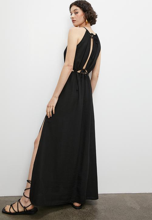 VELVET - Drawstring tie halter boho maxi with slits - black