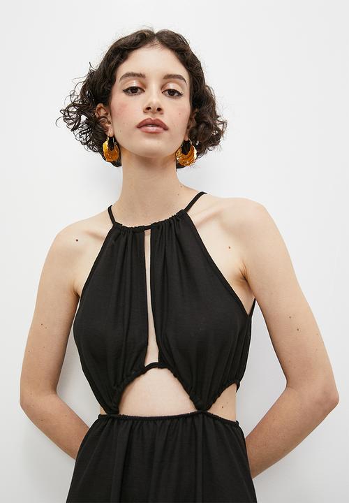 VELVET - Drawstring tie halter boho maxi with slits - black