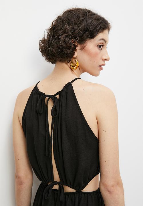 VELVET - Drawstring tie halter boho maxi with slits - black