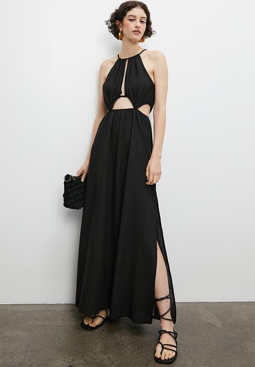 VELVET - Drawstring tie halter boho maxi with slits - black