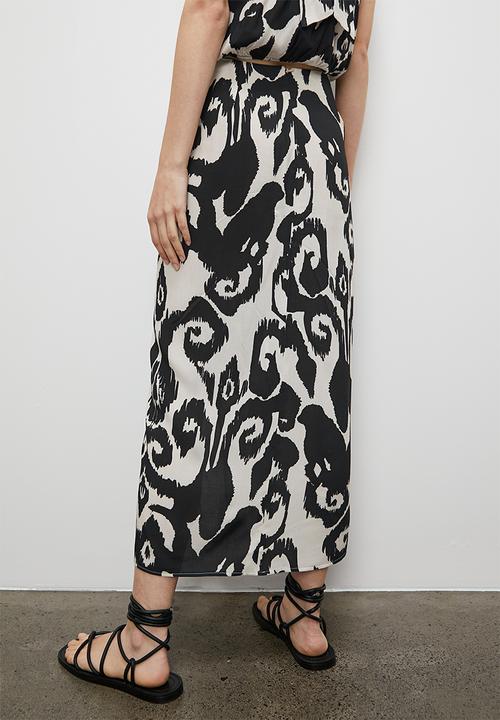 VELVET - Co ord printed front draped sarong skirt - monochrome tribal