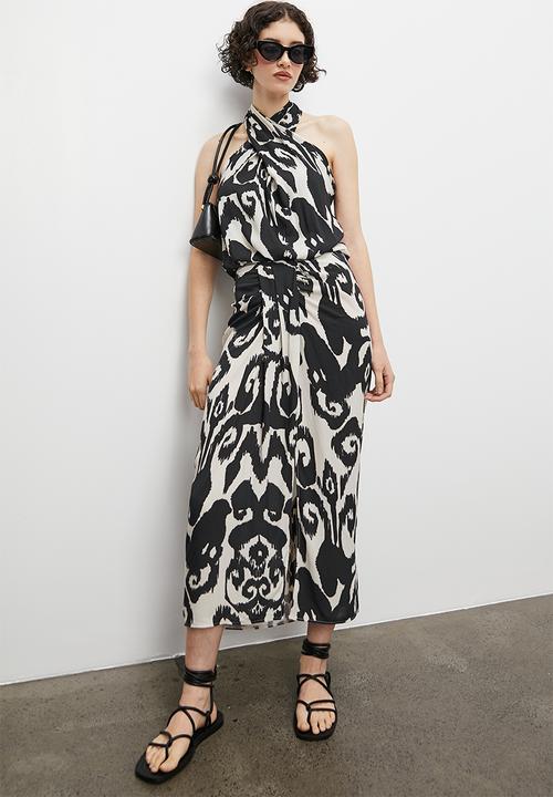 VELVET - Co ord printed front draped sarong skirt - monochrome tribal