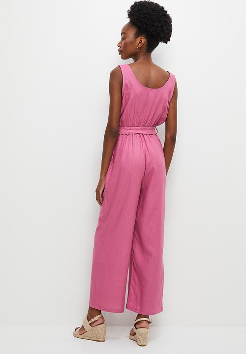 edit - Linen belted mock wrap jumpsuit - mauve