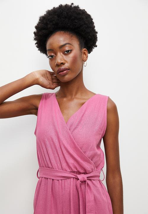 edit - Linen belted mock wrap jumpsuit - mauve