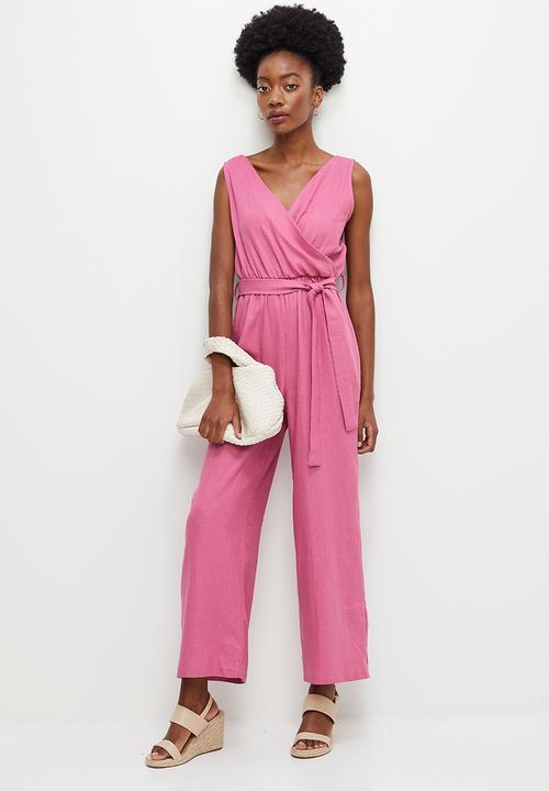 edit - Linen belted mock wrap jumpsuit - mauve
