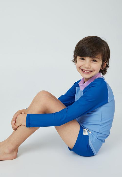 Cotton On - Flynn long sleeve raglan rash vest - blue bell/blue punch splice