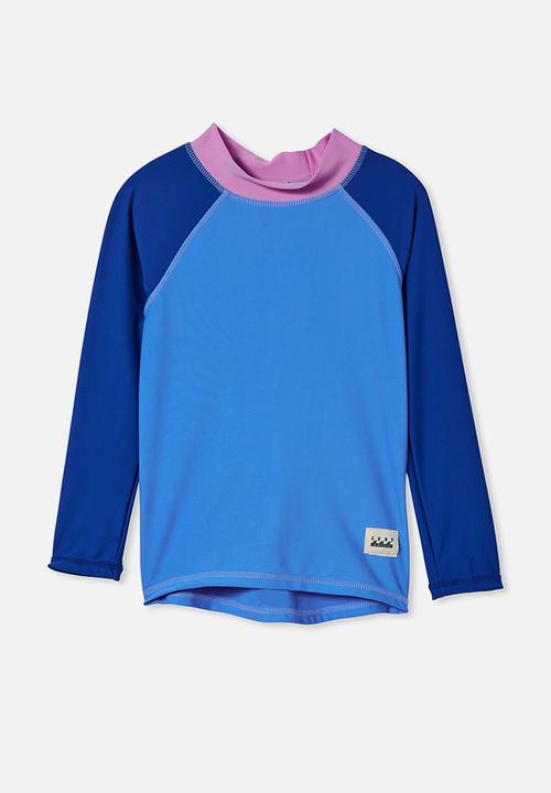 Cotton On - Flynn long sleeve raglan rash vest - blue bell/blue punch splice