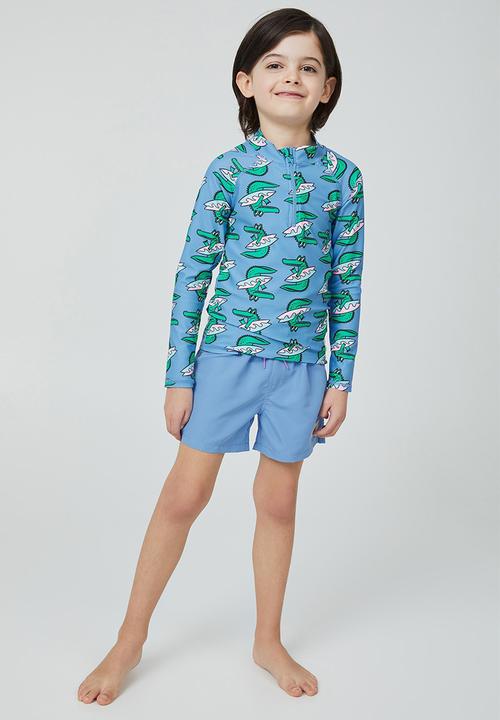 Cotton On - Flynn long sleeve zip thru rash vest - blue bell/croc surf