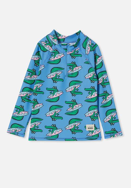 Cotton On - Flynn long sleeve zip thru rash vest - blue bell/croc surf
