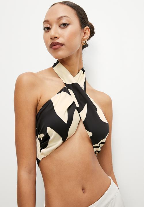 VELVET - Co-ord crossover front halter tie blouse - monochrome abstract print