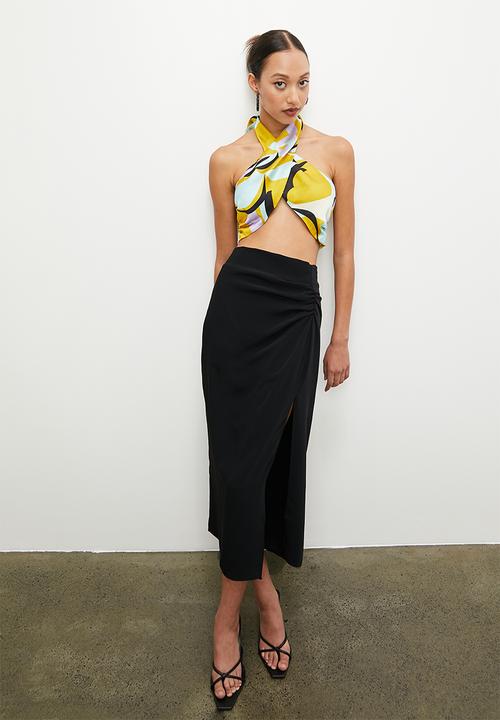 VELVET - Co-ord crossover front halter tie blouse - yellow geo print