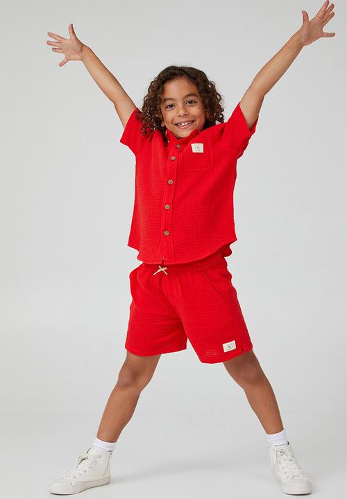 Cotton On - Resort short sleeve shirt-flame red / cheesecloth