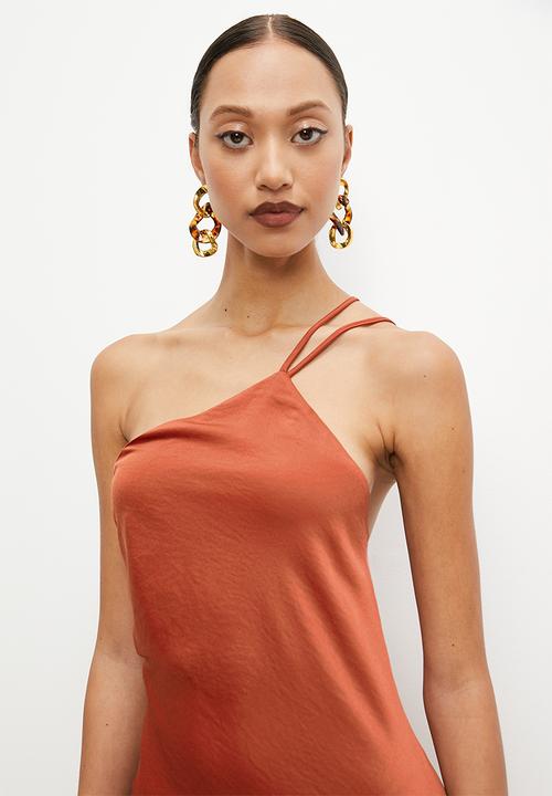 VELVET - Printed satin asym slip dress with slit - baked clay