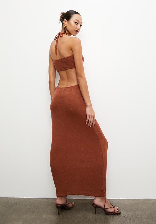VELVET - Cut away halter open work dress - terracotta