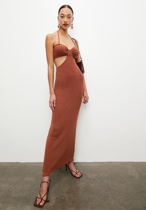 VELVET - Cut away halter open work dress - terracotta