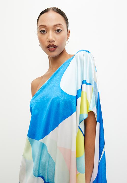 VELVET - Printed asymmetric maxi kaftan dress - turquoise abstract satin