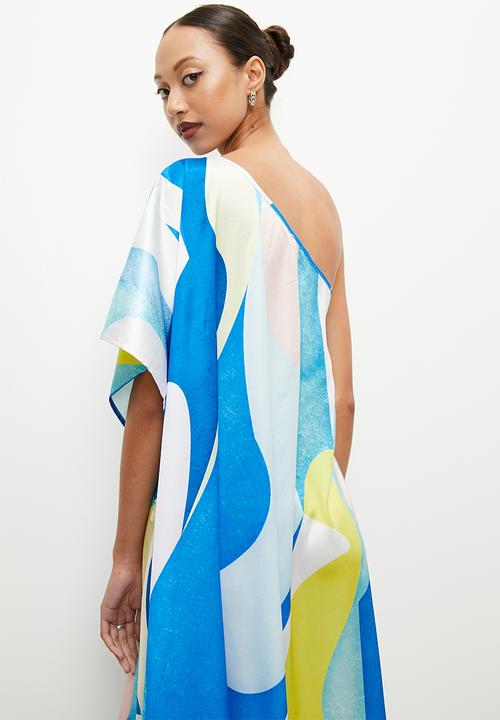VELVET - Printed asymmetric maxi kaftan dress - turquoise abstract satin