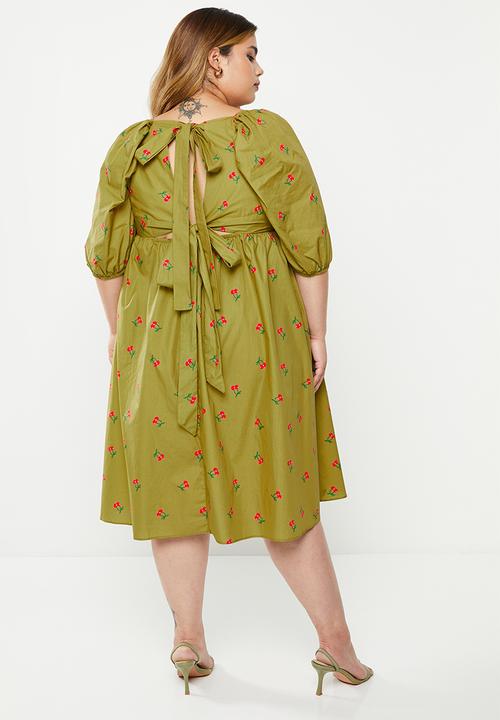 Glamorous - Plus square neck dress - olive cherry print