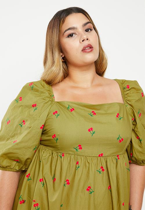 Glamorous - Plus square neck dress - olive cherry print