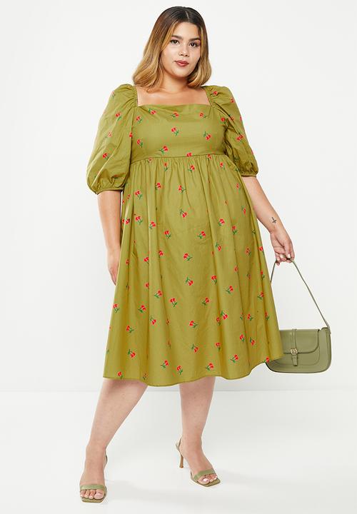 Glamorous - Plus square neck dress - olive cherry print