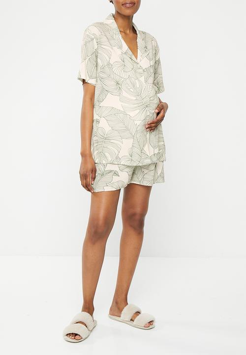 Superbalist - Maternity woven button down sleep set - stone & green