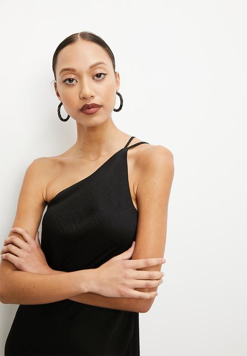 VELVET - Satin asymmetric mini slip dress - black