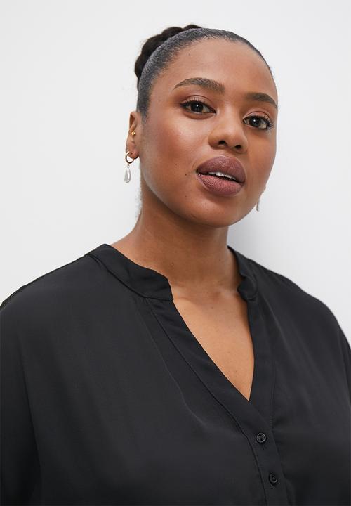 edit Plus - Short sleeve longline notch neck blouse - black